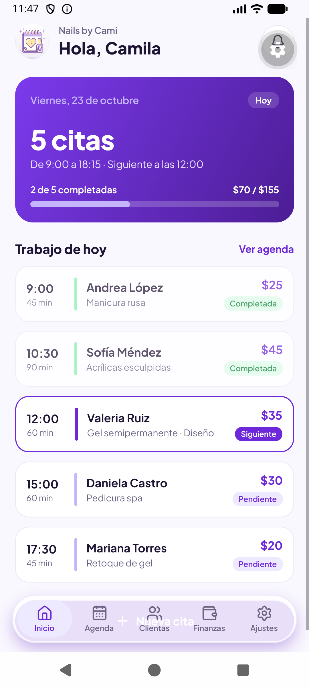 Pantalla de inicio Uniagenda